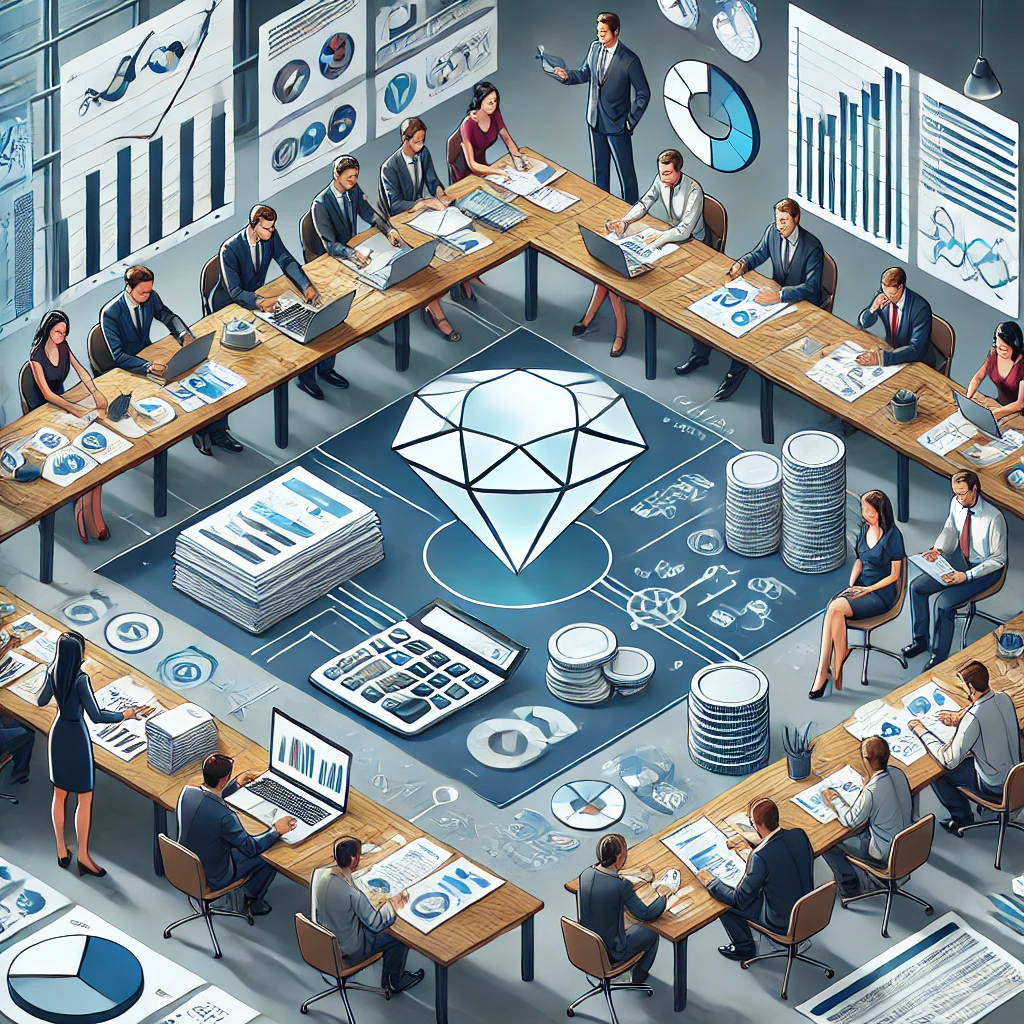 DALL·E 2024-08-09 19.57.05 - A detailed scene representing the concept of 'Financial Acumen.' Show a professional environment with a diverse group of business people analyzing fin