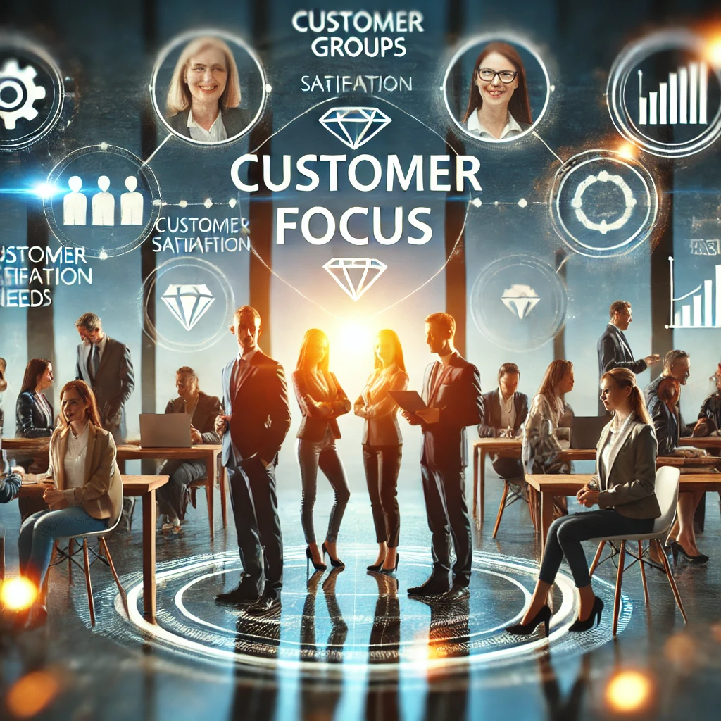 DALL·E 2024-08-09 19.57.25 - A dynamic scene representing the concept of 'Customer Focus.' Show a diverse group of business professionals interacting with customers in a modern en