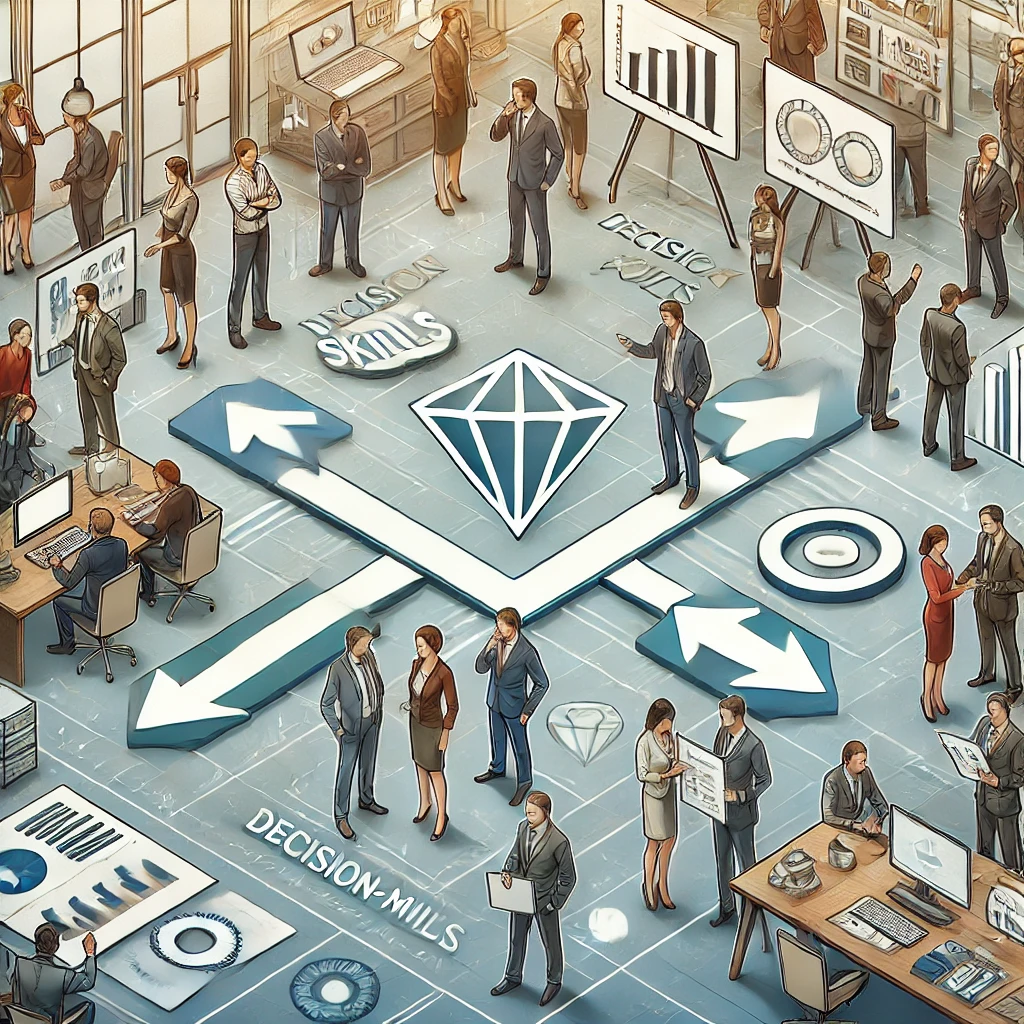 DALL·E 2024-08-09 19.58.42 - A detailed scene representing the concept of 'Decision-Making Skills.' Show a diverse group of business professionals in a modern office setting, enga