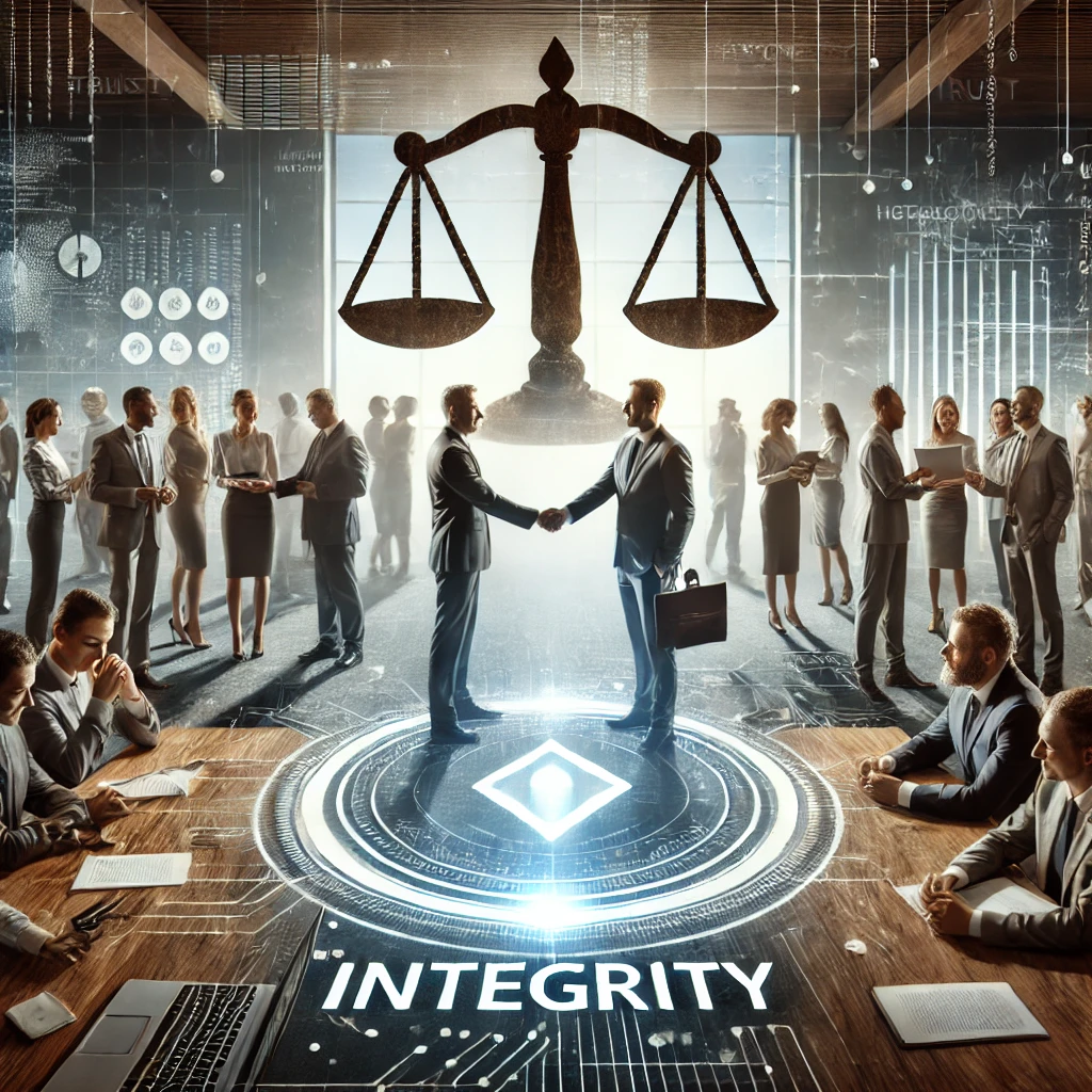 DALL·E 2024-08-09 19.59.49 - A powerful scene representing the concept of 'Integrity.' Show a diverse group of professionals in a modern setting, where ethical behavior, trust, an