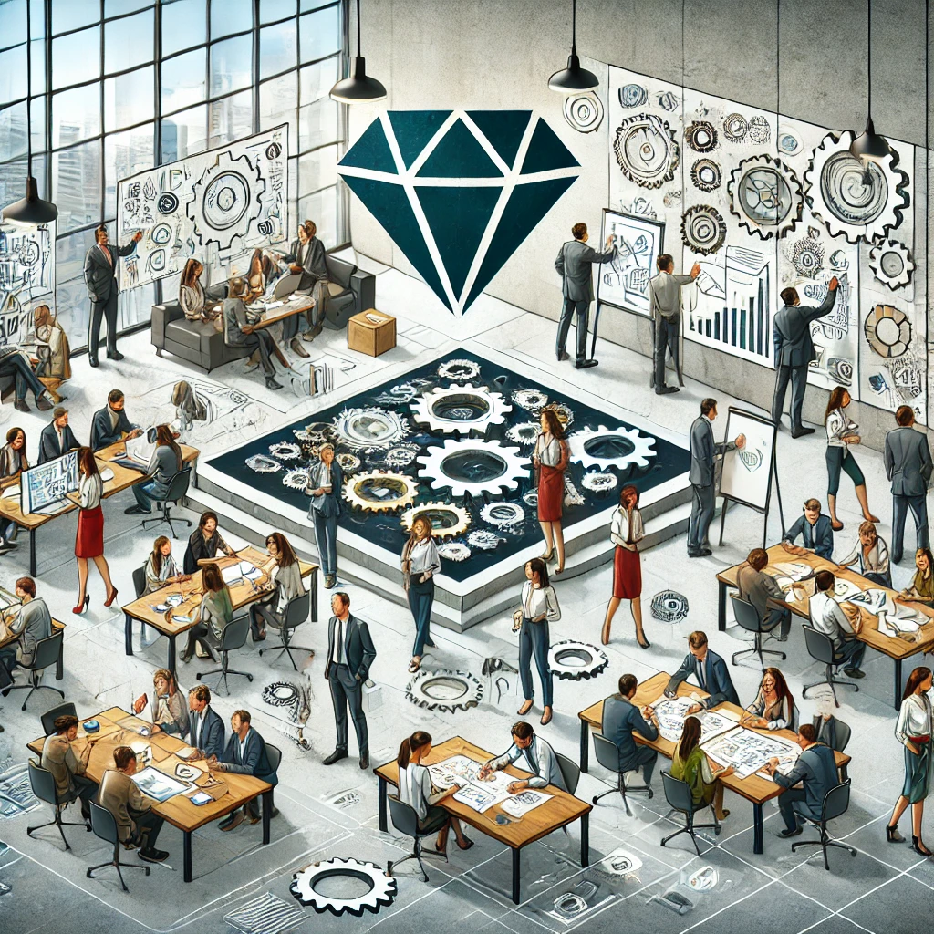 DALL·E 2024-08-09 20.07.20 - A detailed scene representing the concept of 'Problem-Solving Skills.' Show a diverse group of professionals in a modern office setting, actively enga