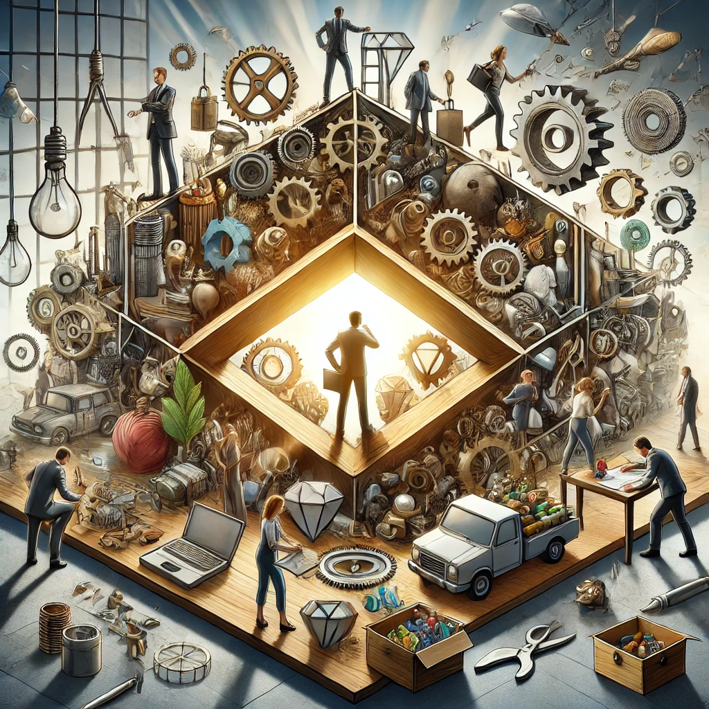 DALL·E 2024-08-09 20.16.34 - A detailed scene representing the concept of 'Resourcefulness.' Show an individual or a group of professionals creatively solving problems in a modern