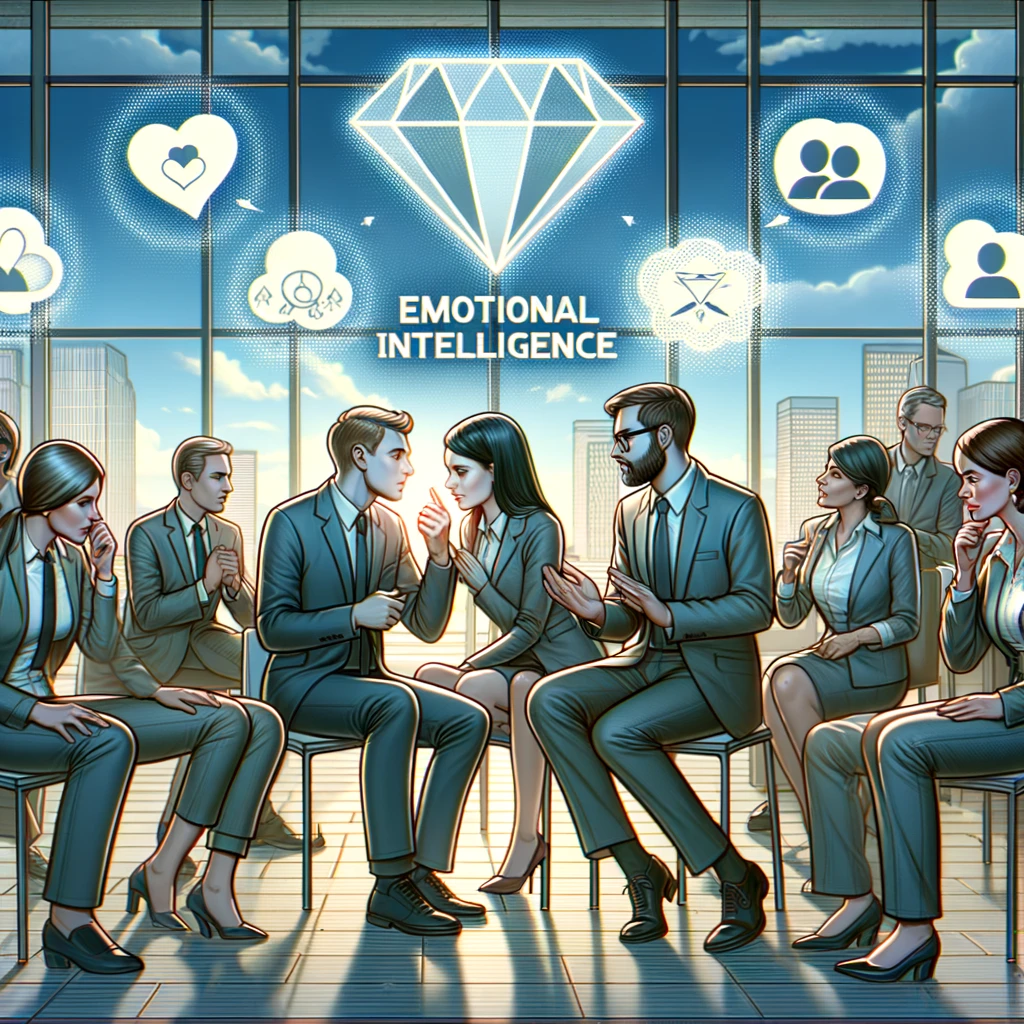 DALL·E 2024-08-09 20.22.52 - A detailed scene representing the concept of 'Emotional Intelligence.' Show a group of diverse professionals in a modern office setting, interacting w