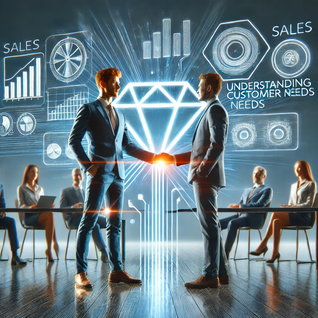 DALL·E 2024-08-09 20.29.13 - A dynamic scene representing the concept of 'Salesmanship.' Show a professional in a modern setting confidently presenting a product or service to pot