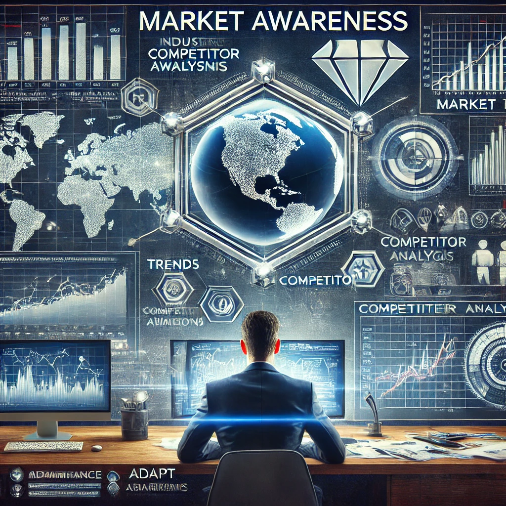 DALL·E 2024-08-09 20.29.38 - A detailed scene representing the concept of 'Market Awareness.' Show a professional in a modern office setting, surrounded by screens and reports tha