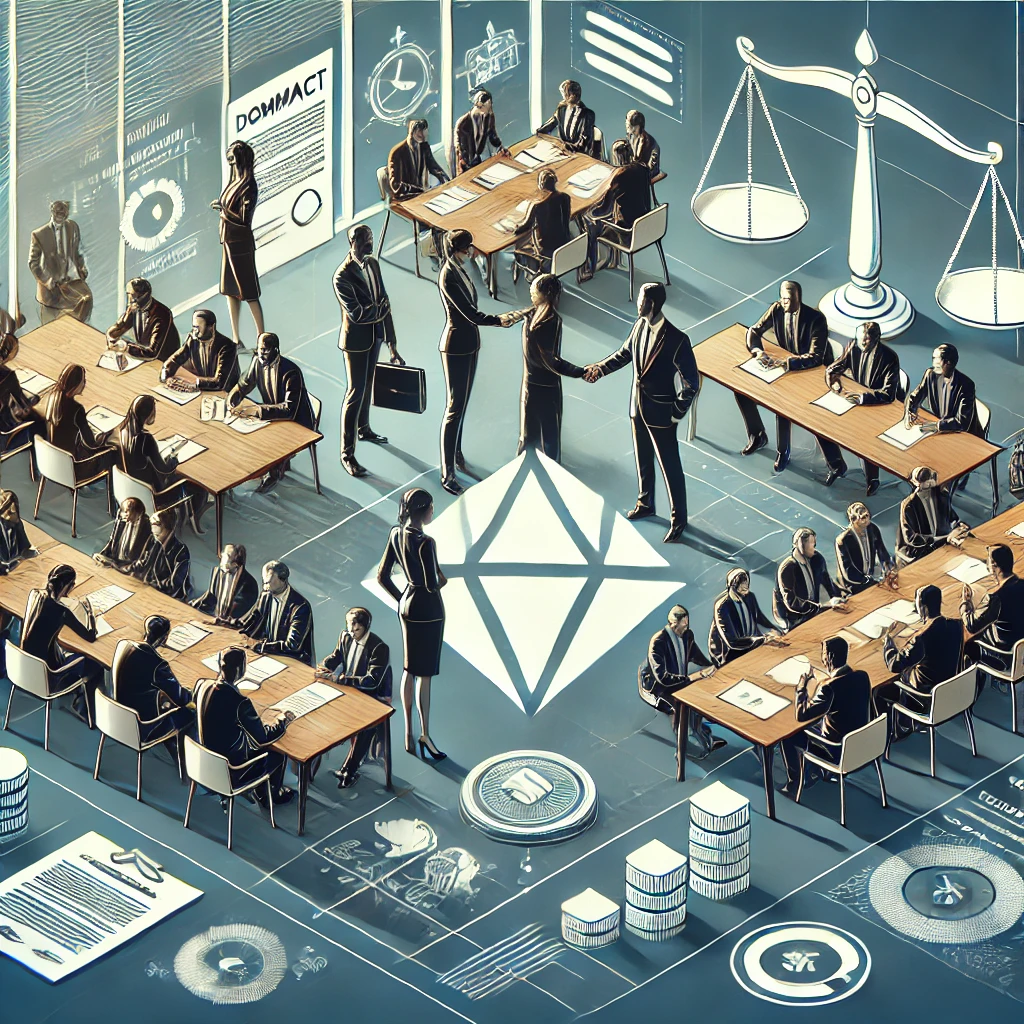 DALL·E 2024-08-09 20.31.05 - A detailed scene representing the concept of 'Negotiation Skills.' Show a group of professionals in a modern office setting, engaged in a negotiation