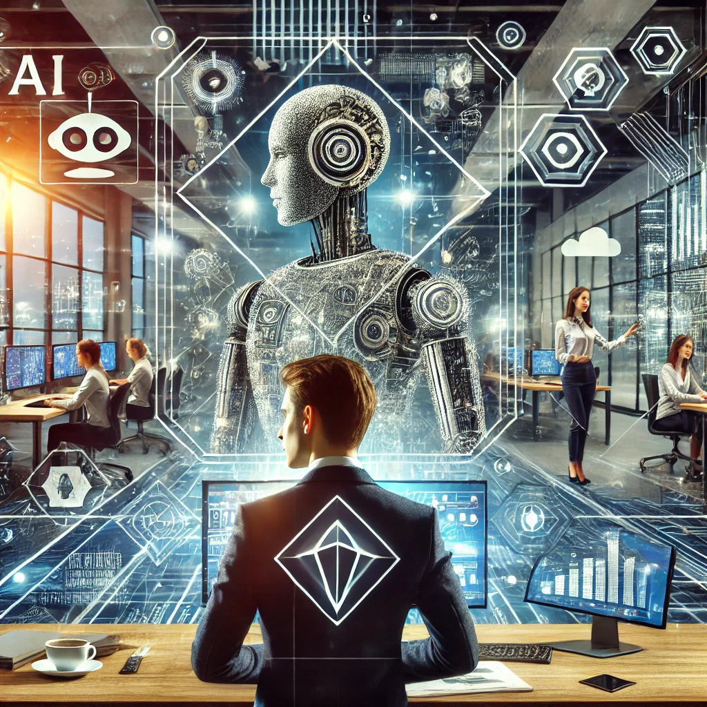 DALL·E 2024-08-09 20.41.16 - A detailed scene representing the concept of 'Technological Savvy.' Show a professional in a modern office setting, surrounded by the latest technolog