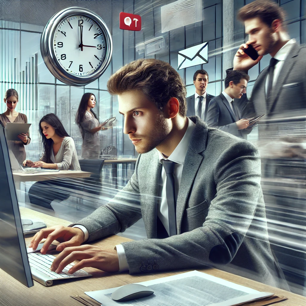 DALL·E 2024-08-09 22.40.27 - An image representing focus and concentration in a business environment. The scene shows a professional working intently at their desk in a modern off