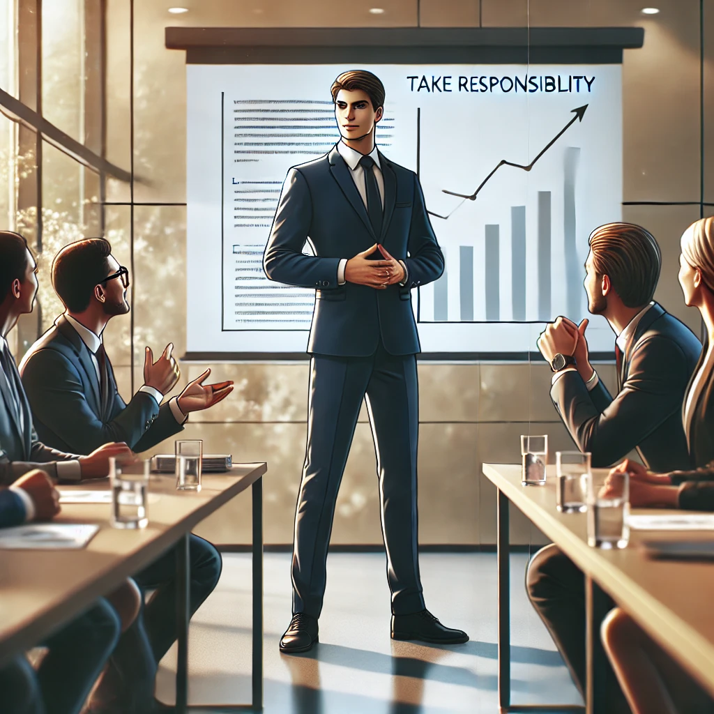 DALL·E 2024-08-09 22.41.17 - An image symbolizing accountability in a business setting. The scene features a business professional standing confidently in front of a team, acknowl