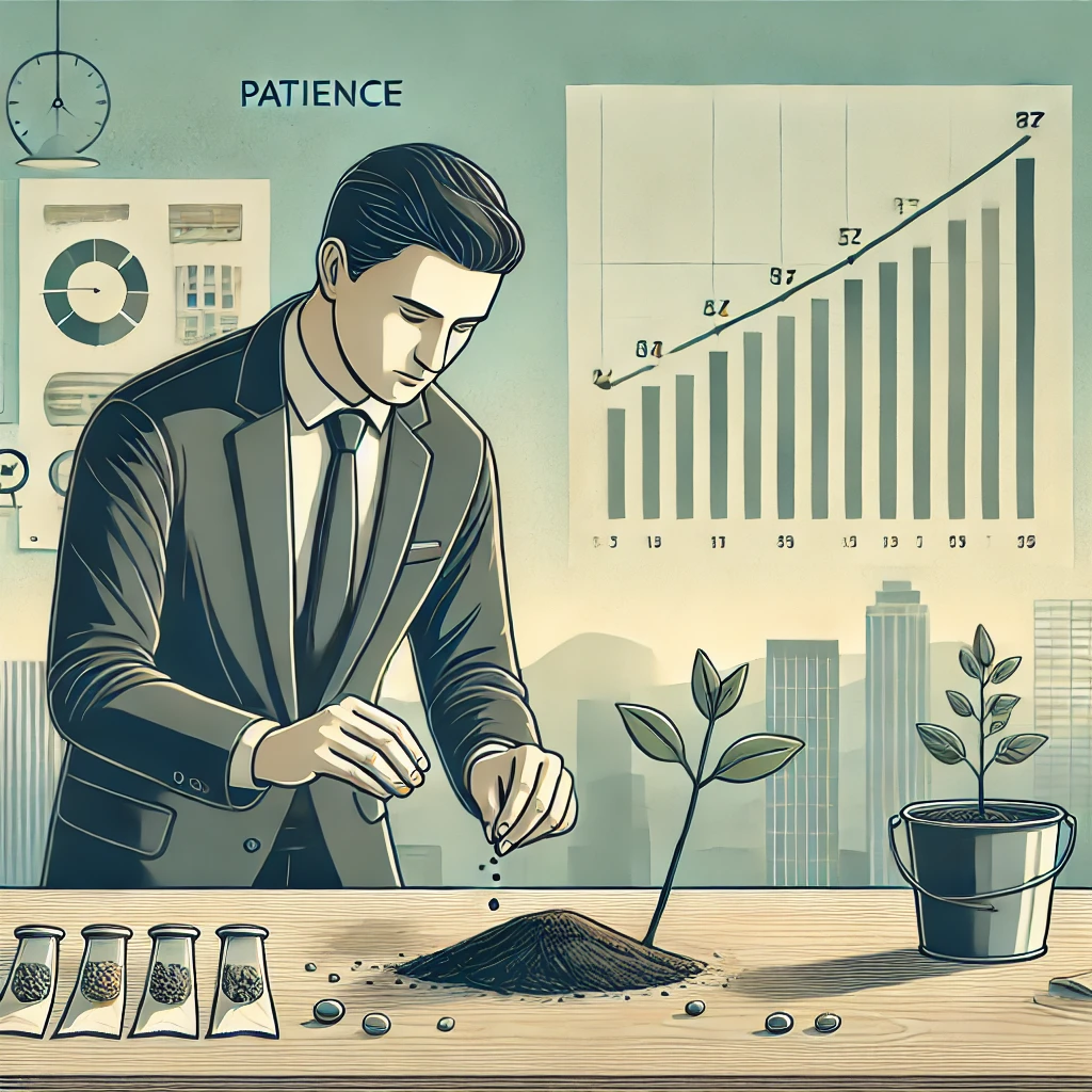 DALL·E 2024-08-09 22.42.05 - An image that represents patience in a professional or business context. The scene could depict a businessperson planting seeds or nurturing a small p