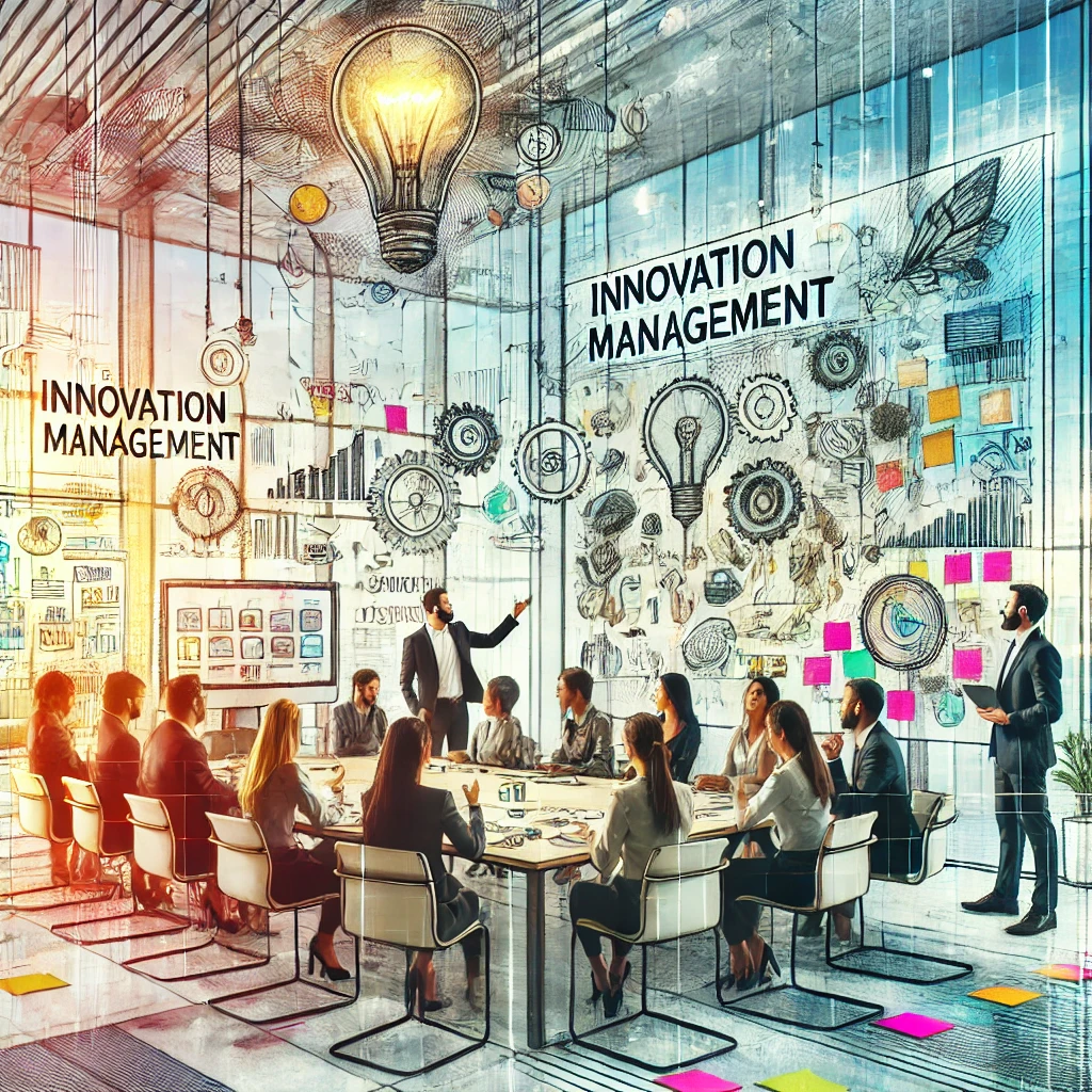 DALL·E 2024-08-09 22.42.46 - An image representing innovation management in a business setting. The scene features a diverse team of professionals gathered around a large table in