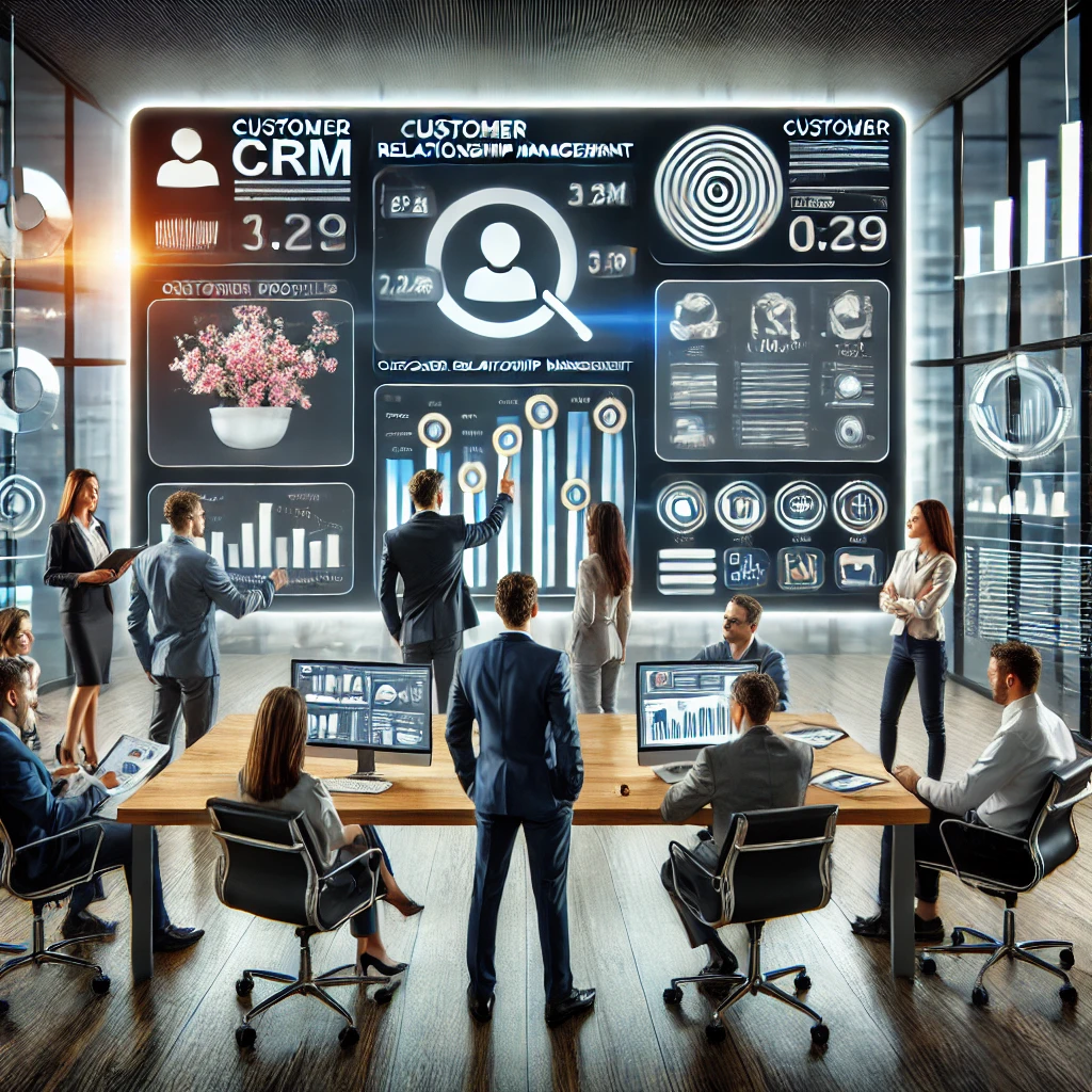 DALL·E 2024-08-09 23.10.59 - A professional business setting where a team is actively engaged in Customer Relationship Management (CRM). The central focus is on a large screen dis