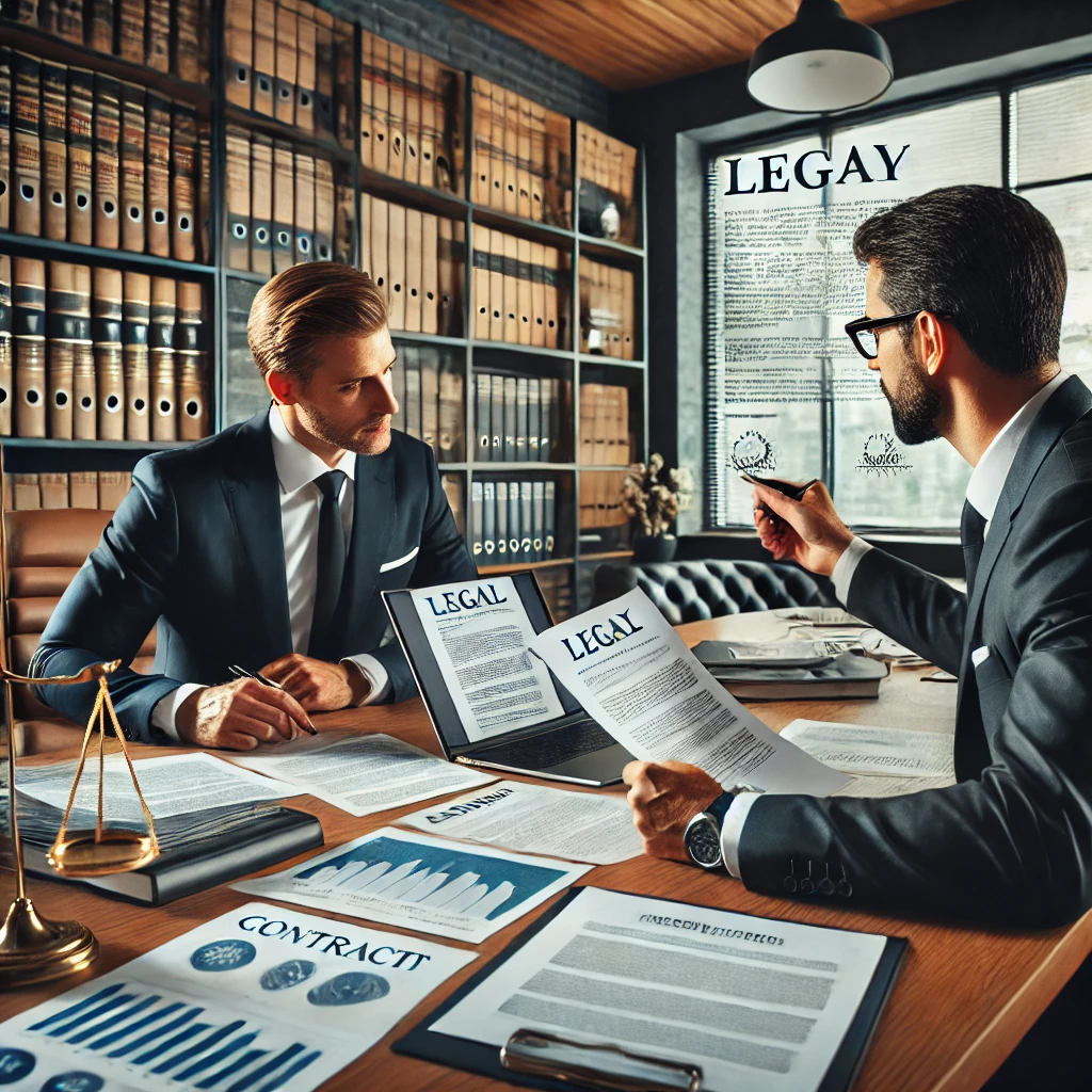 DALL·E 2024-08-09 23.13.00 - A professional office setting where a business owner is consulting with a lawyer about the legal aspects of running a business. The scene includes doc