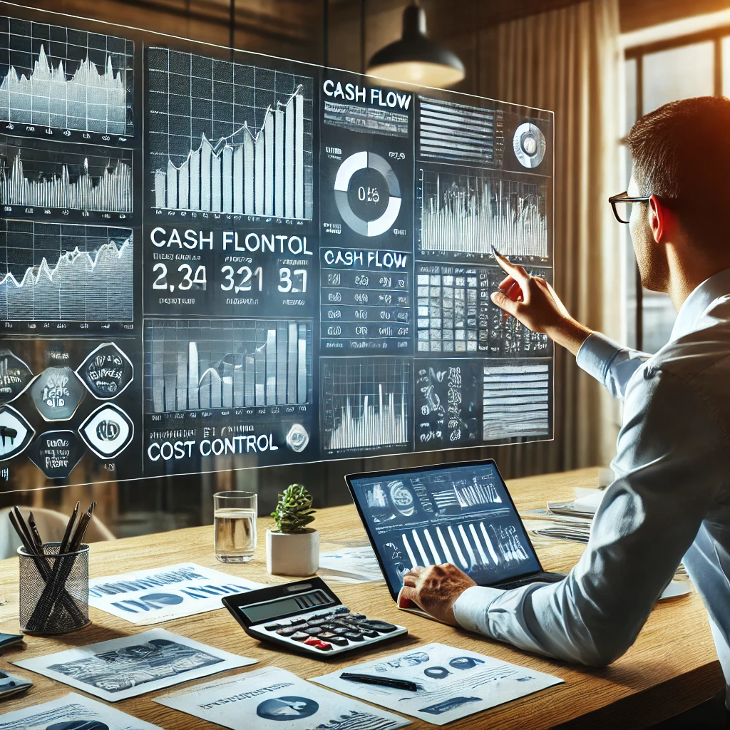 DALL·E 2024-08-09 23.14.36 - A professional business setting where a financial manager is analyzing financial data on a large screen. The scene includes charts, graphs, and spread
