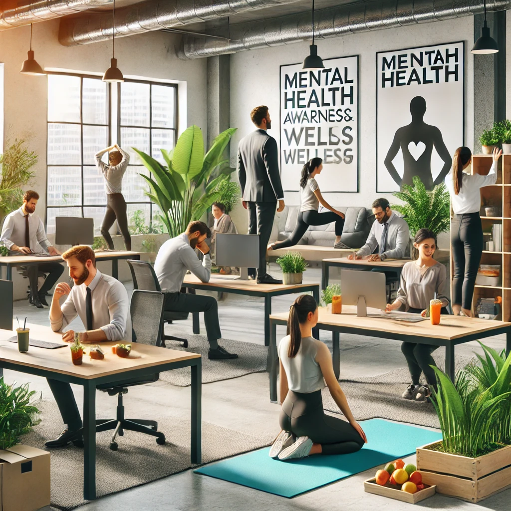 DALL·E 2024-08-09 23.16.02 - A professional office setting where employees are engaged in health and wellness activities. The scene includes a modern workspace with standing desks