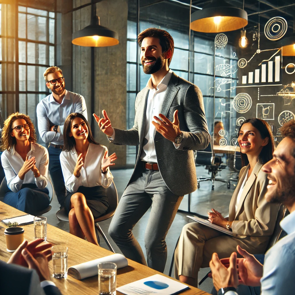 DALL·E 2024-08-09 23.30.43 - A professional scene where a charismatic leader is engaging with a diverse group of people in a modern office setting. The leader is speaking passiona