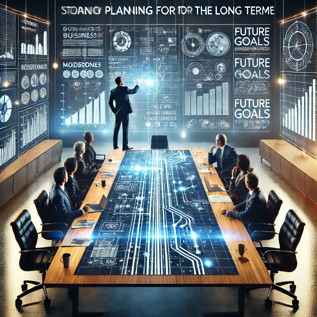 DALL·E 2024-08-09 23.31.33 - A professional office setting where a business leader is strategically planning for the long term. The scene includes a large conference table with a