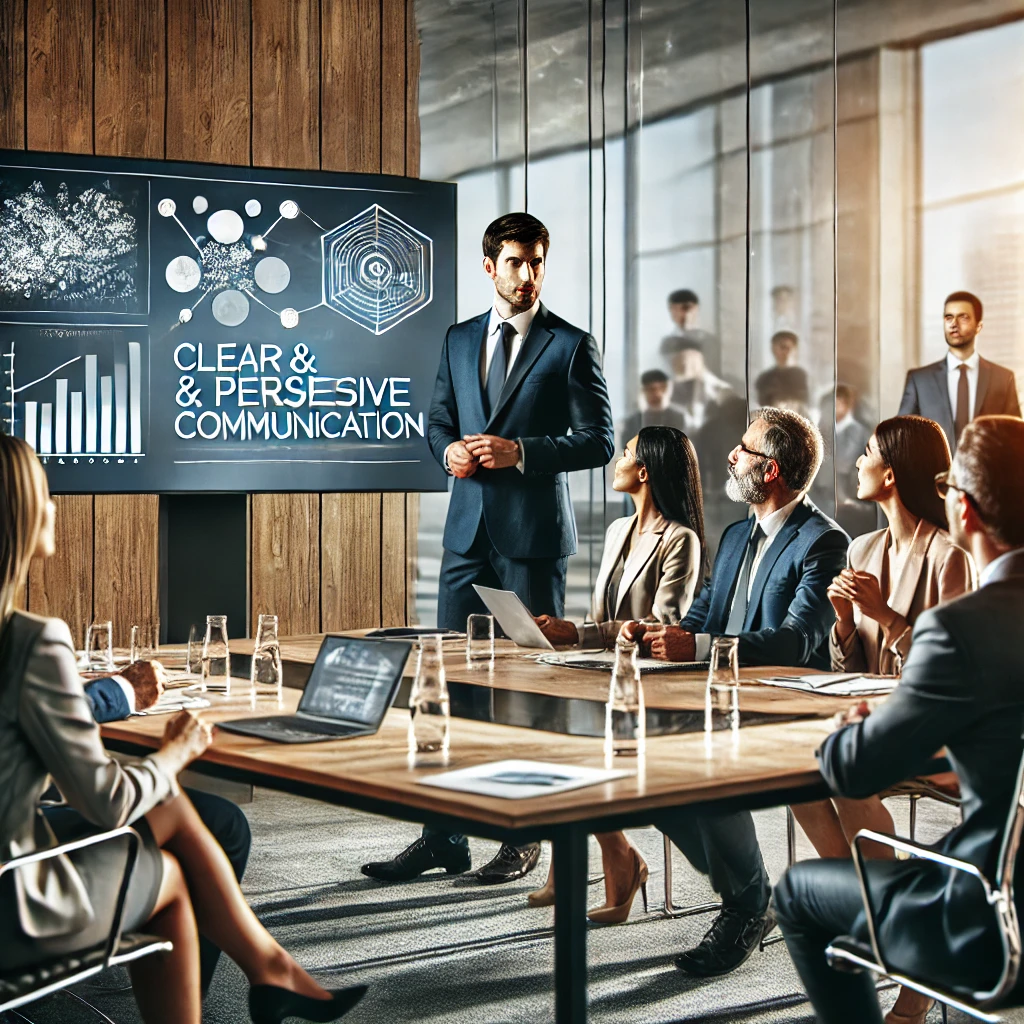 DALL·E 2024-08-09 23.32.03 - A professional office setting where a business leader is demonstrating effective communication skills. The scene shows the leader speaking confidently