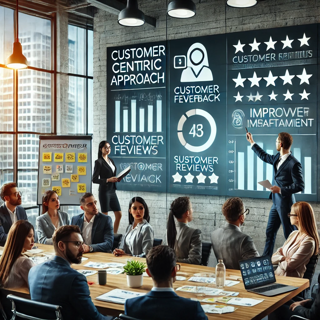 DALL·E 2024-08-09 23.32.47 - A professional business setting where a team is focusing on a customer-centric approach. The scene includes a group of professionals in a modern offic