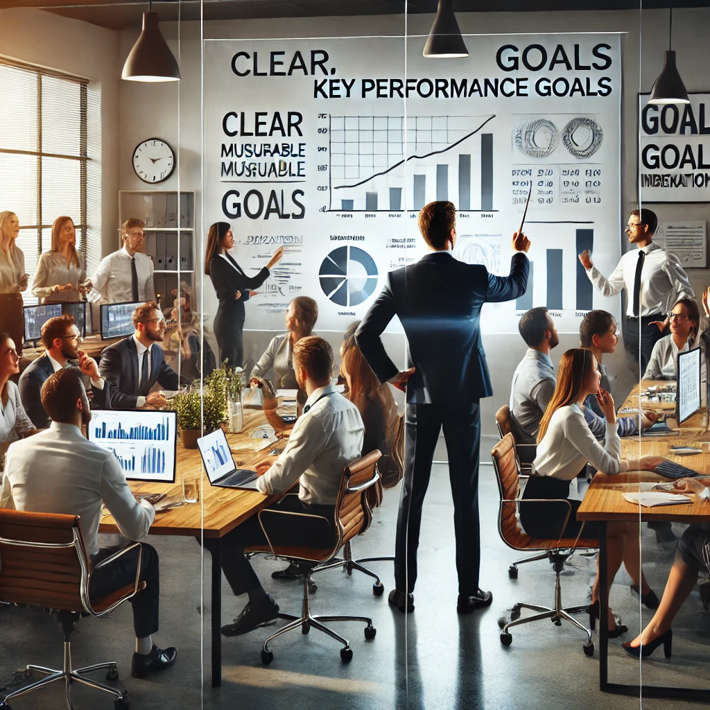 DALL·E 2024-08-11 18.24.46 - A professional office environment with a diverse group of people working together on a project. The central figure is a leader pointing to a whiteboar