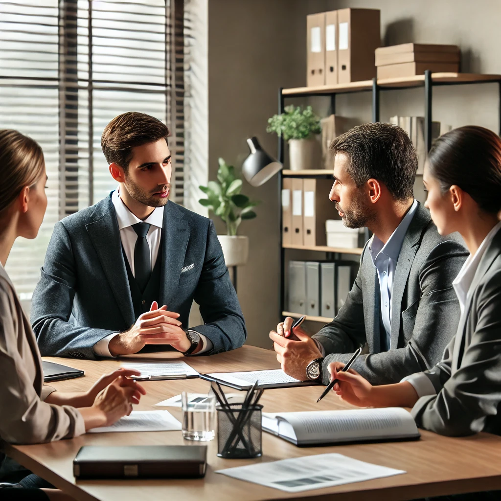 DALL·E 2024-08-11 18.25.12 - A professional office setting where a diverse group of individuals are engaged in a conflict resolution process. The scene shows a mediator or leader