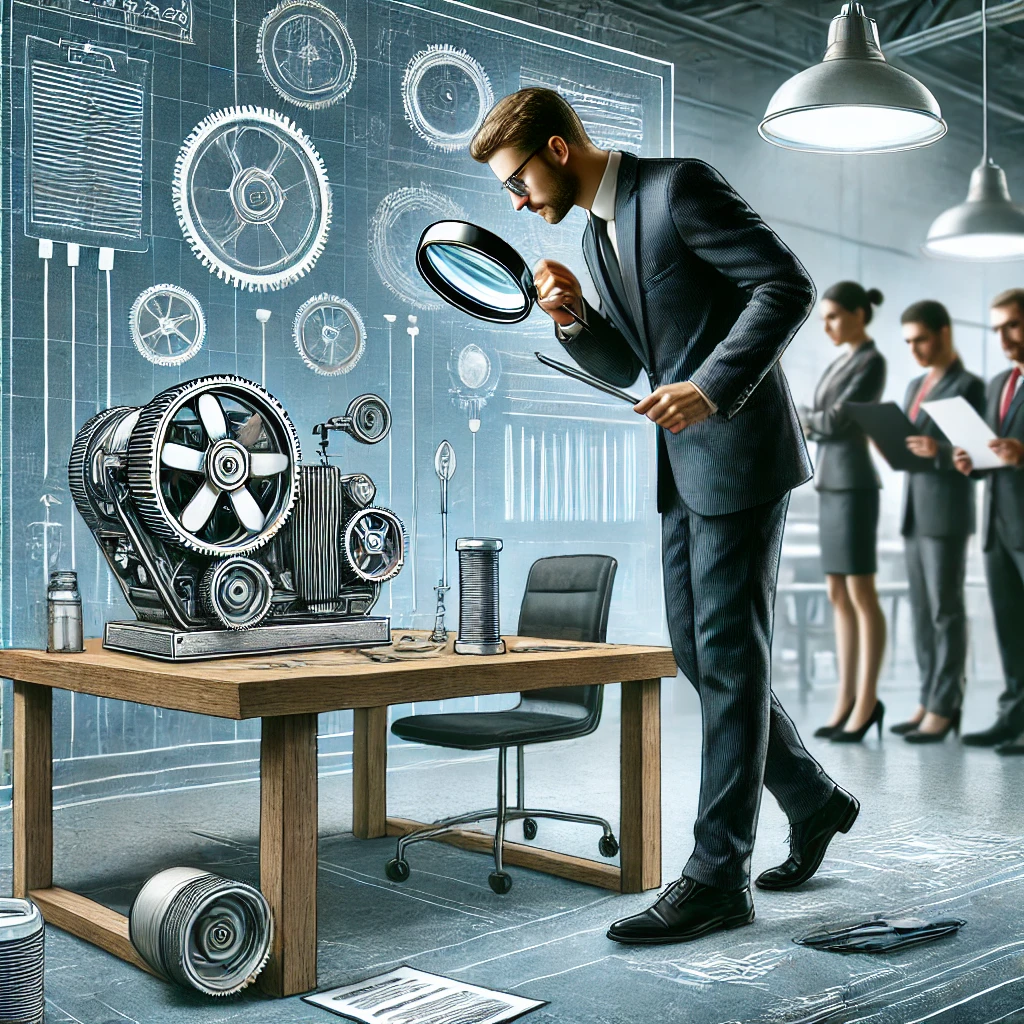 DALL·E 2024-08-11 18.25.47 - A professional workspace where a group of business professionals are carefully reviewing documents, prototypes, or products. The central figure, perha