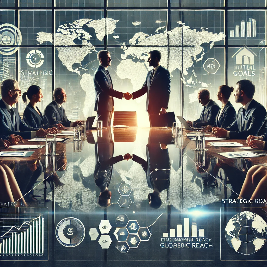 DALL·E 2024-08-11 18.26.30 - A professional setting where business leaders from different companies are meeting to form a strategic alliance. The scene includes a handshake betwee