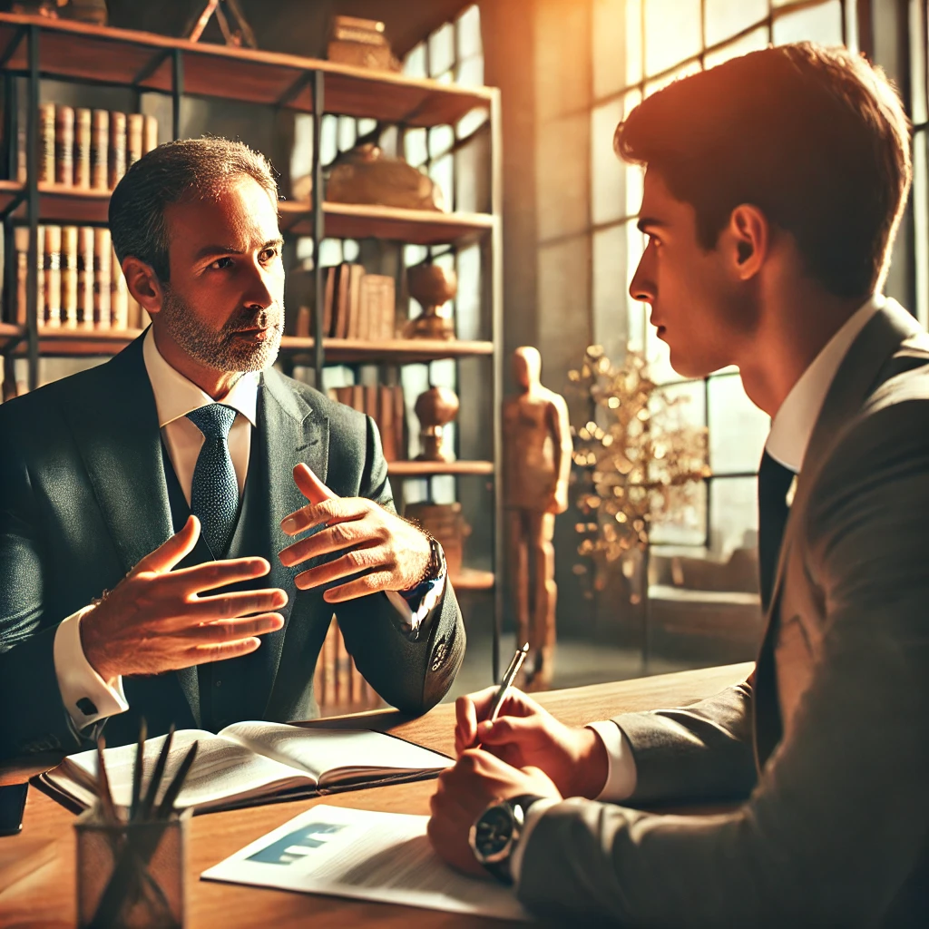 DALL·E 2024-08-11 18.26.57 - A professional setting where a young entrepreneur or business professional is actively seeking guidance from an experienced mentor. The scene shows a