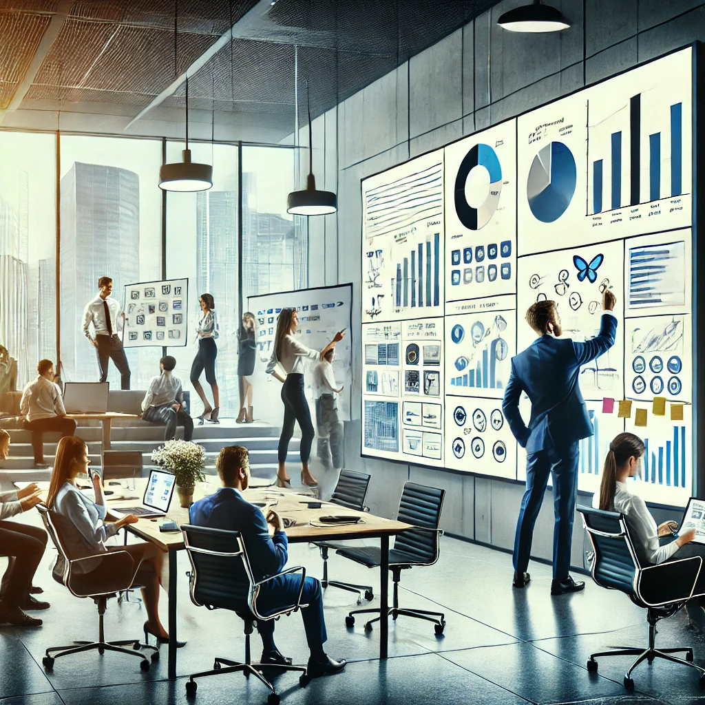 DALL·E 2024-08-11 18.50.59 - A professional office environment where a team is working on a project. The scene shows a leader or project manager adjusting a plan or strategy on a