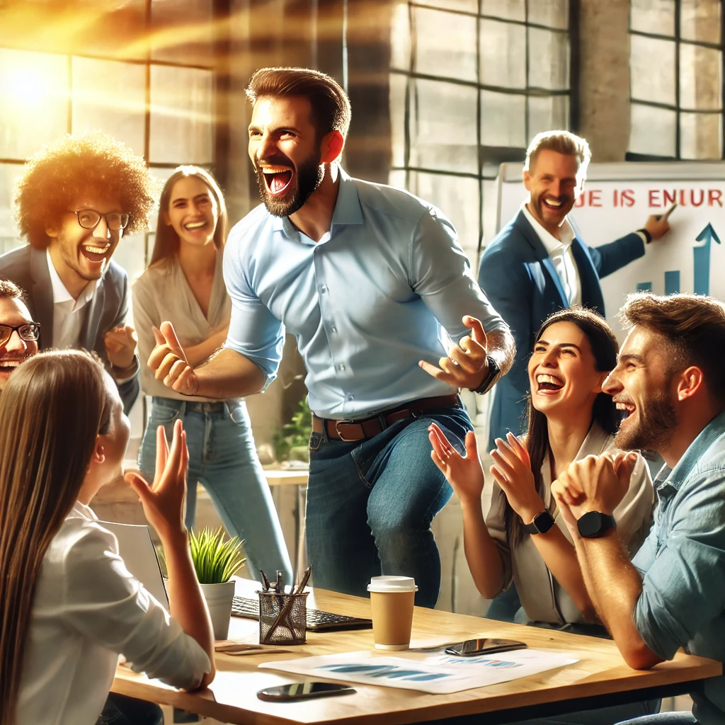 DALL·E 2024-08-11 18.52.59 - A dynamic office setting where a leader, full of energy and enthusiasm, is motivating and inspiring their team. The leader is in the middle of a livel