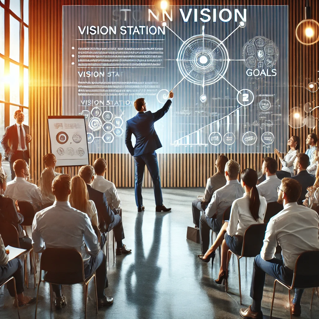 DALL·E 2024-08-11 18.56.43 - A professional setting where a business leader is presenting a clear and compelling vision to a diverse group of stakeholders, employees, and customer
