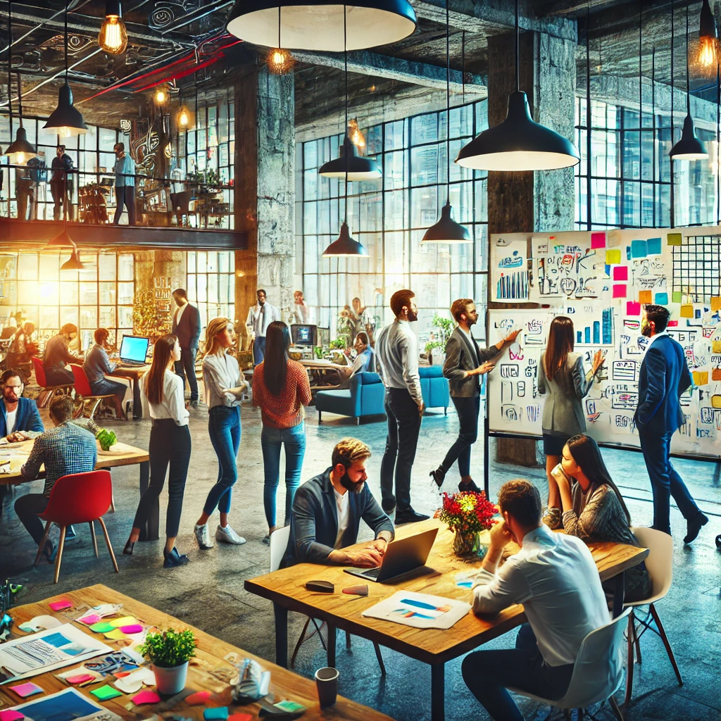DALL·E 2024-08-11 18.57.10 - A vibrant and dynamic office space where a diverse team of professionals is actively engaged in brainstorming and generating new ideas. The environmen