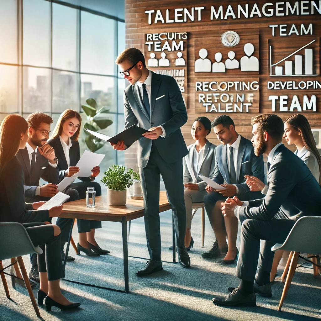 DALL·E 2024-08-11 18.58.04 - A professional setting focused on talent management, where a business leader is engaged in discussions with a diverse group of top professionals. The