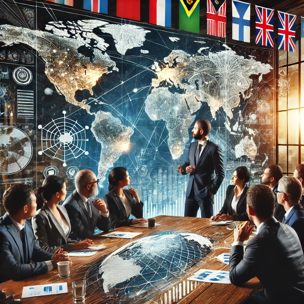 DALL·E 2024-08-11 18.58.31 - A professional setting showcasing a leader with a global mindset. The scene includes a diverse group of business professionals from different cultural
