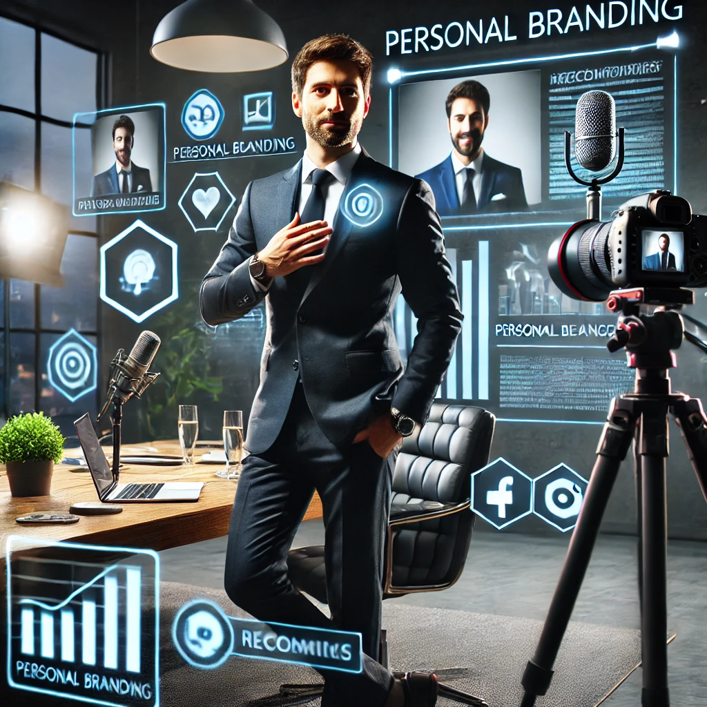 DALL·E 2024-08-11 18.59.48 - A professional setting where a business leader is engaged in activities that highlight personal branding. The leader is confidently giving a presentat