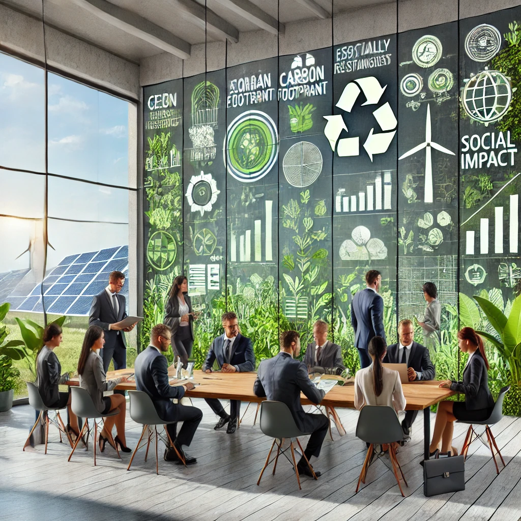 DALL·E 2024-08-11 19.11.58 - A professional business environment where sustainability is the central focus. The scene includes a diverse group of business leaders and team members