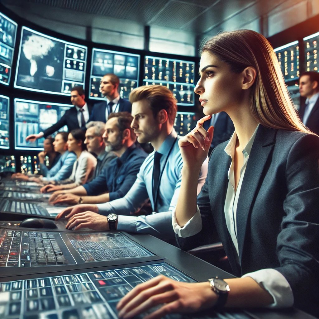 DALL·E 2024-08-12 14.57.31 - A professional crisis management team in a high-tech control room during an emergency situation. The team members, dressed in business attire, are foc
