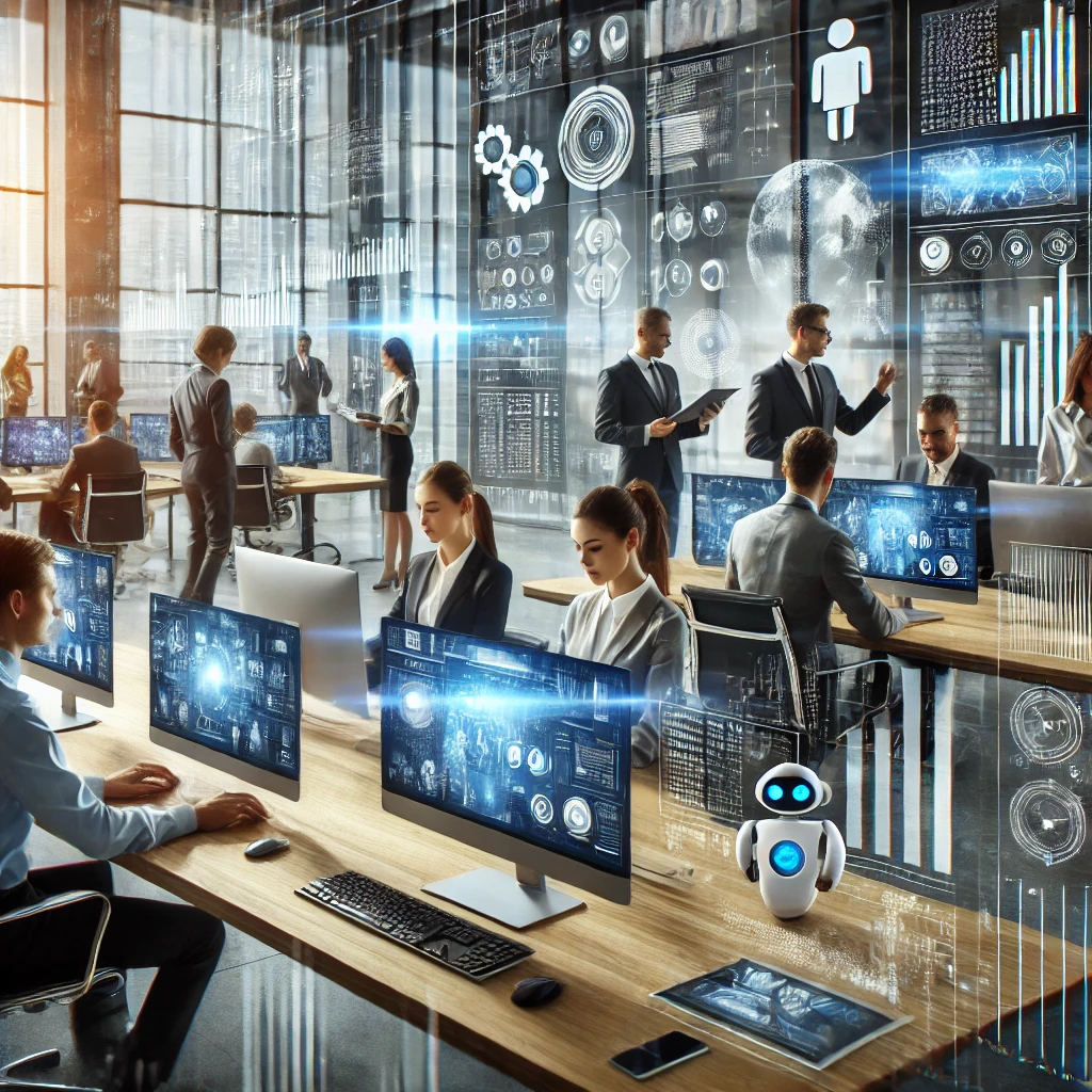 DALL·E 2024-08-12 15.15.52 - A modern office environment where professionals are engaging with the latest technology trends and tools. The scene includes individuals using advance