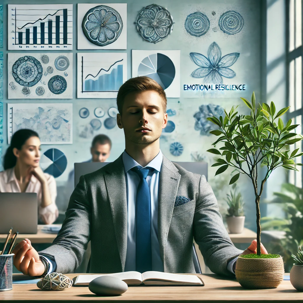 DALL·E 2024-08-12 15.18.06 - A serene office environment with a professional practicing emotional resilience. The individual is seated calmly at a desk, taking deep breaths or med