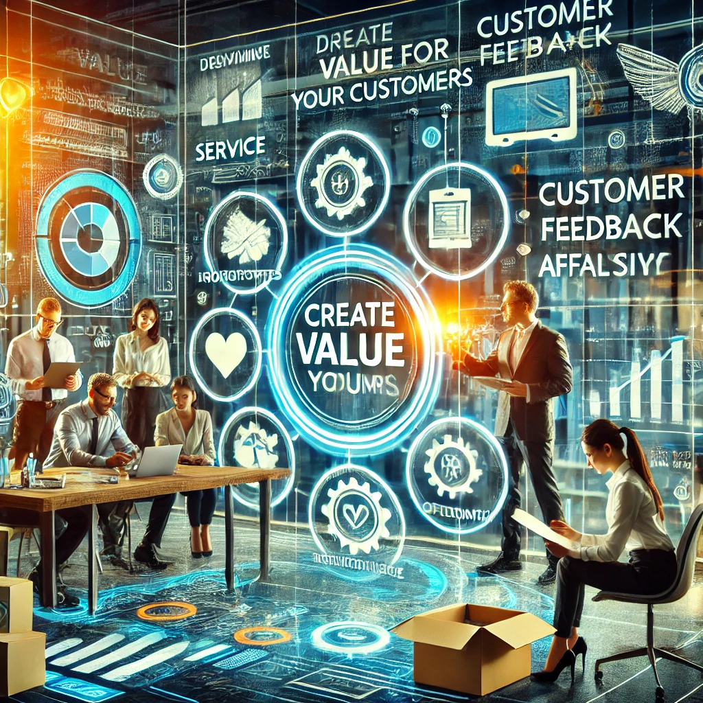 DALL·E 2024-08-12 15.20.28 - A vibrant scene in a modern business environment where professionals are collaborating to create value for their customers. The focus is on delivering