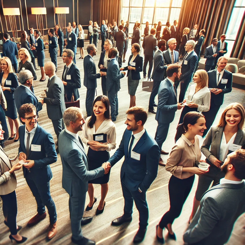 DALL·E 2024-08-12 15.21.16 - A professional networking event where businesspeople are actively engaging in conversations, exchanging business cards, and forming connections. The s
