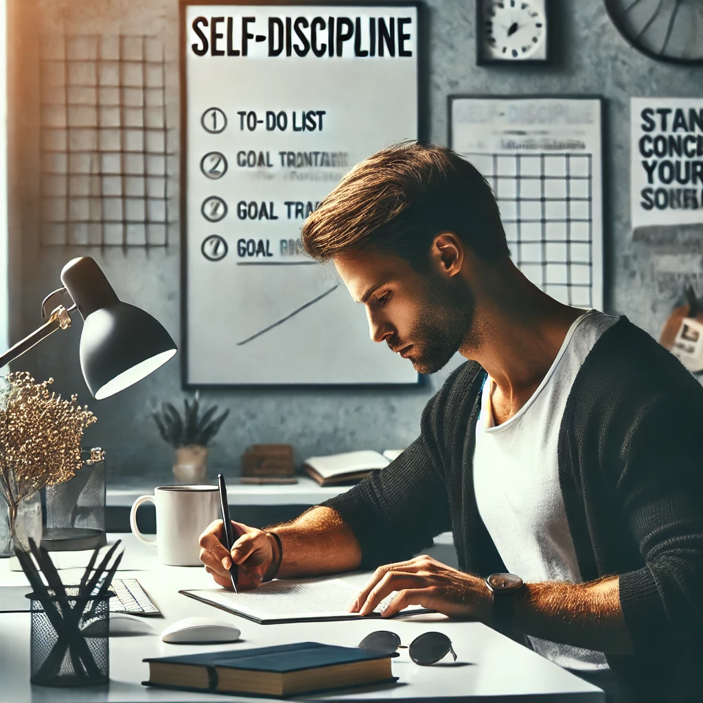 DALL·E 2024-08-12 15.23.06 - A focused professional working diligently at a clean and organized desk, embodying self-discipline. The individual is deeply engaged in a task, with a