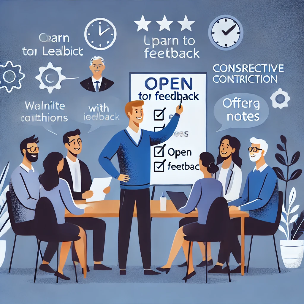 DALL·E 2024-08-12 15.26.27 - A scene in a collaborative workspace where a professional is actively listening and engaging with colleagues. The individual is open to feedback, with