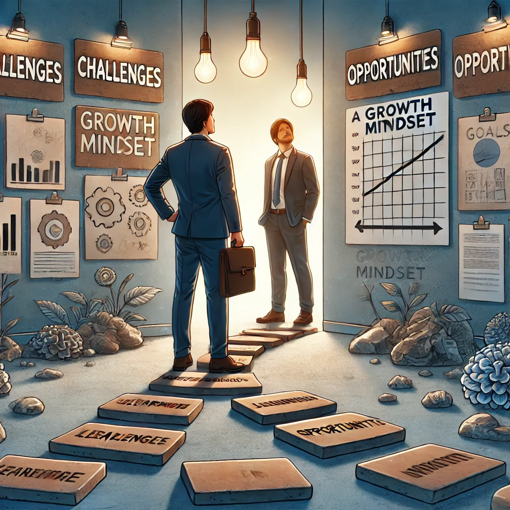 DALL·E 2024-08-12 15.28.21 - A scene depicting a professional in a moment of self-reflection, embracing the concept of a growth mindset. The individual is surrounded by visual rep