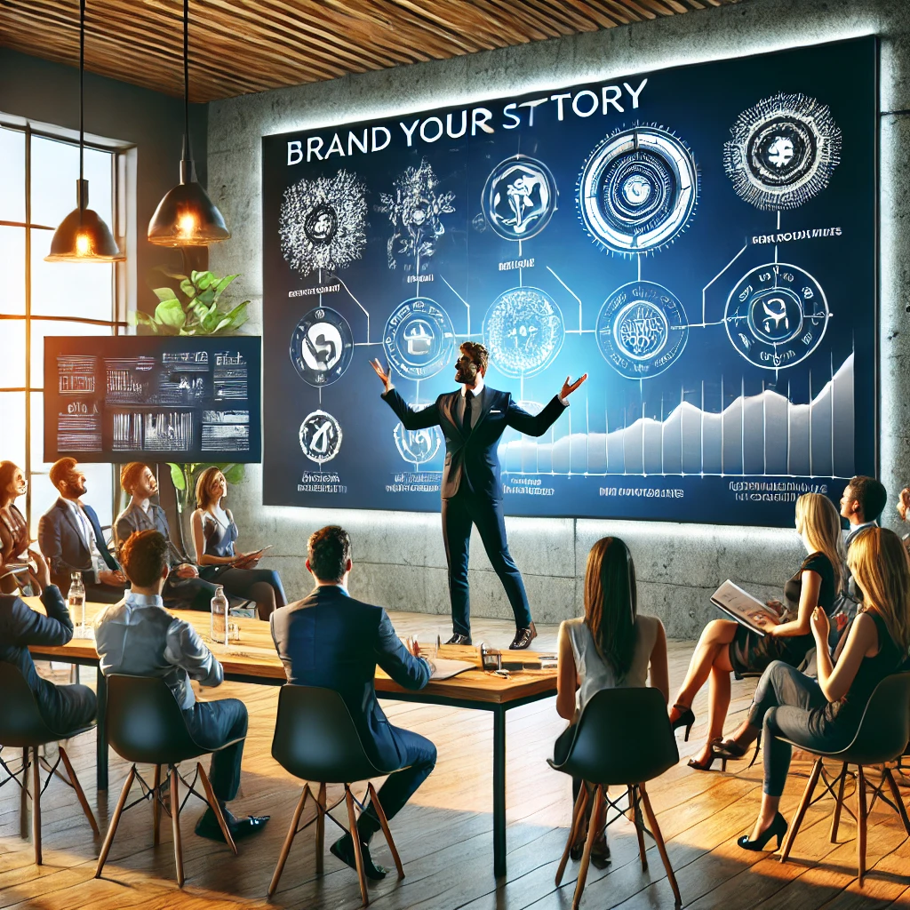 DALL·E 2024-08-12 15.29.47 - A dynamic scene where a professional is passionately presenting their brand's story to an audience of customers and investors. The setting is a modern