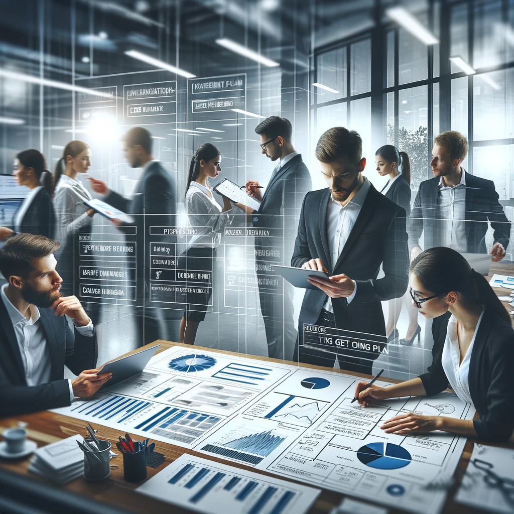 DALL·E 2024-08-12 15.37.00 - A professional team in a high-energy office environment, focused on executing a plan. The scene shows individuals actively working on tasks, with clea