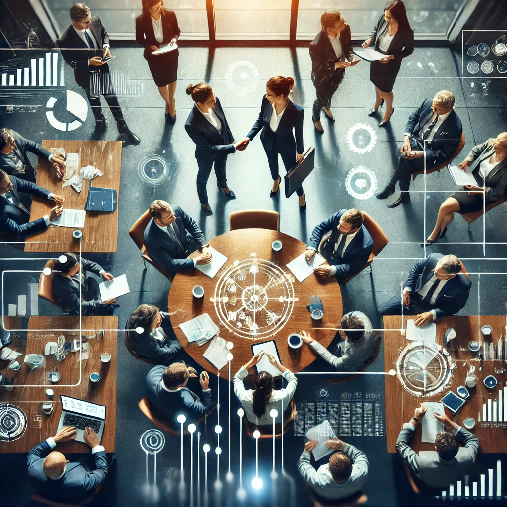 DALL·E 2024-08-12 15.43.08 - A professional business setting where two groups of professionals are engaged in a negotiation. The scene shows a balanced discussion, with both sides