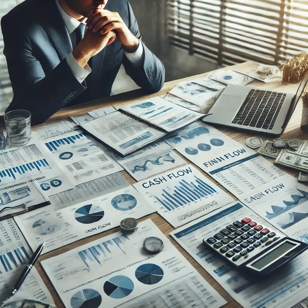 DALL·E 2024-08-12 15.45.33 - A professional setting where a businessperson is deeply engaged in financial planning. The scene shows a person at a desk with financial reports, char