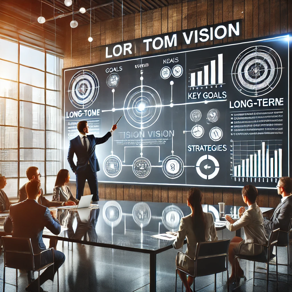 DALL·E 2024-08-12 16.09.24 - A professional environment where a business leader is outlining a strategic vision for the future. The scene shows a large whiteboard or digital scree