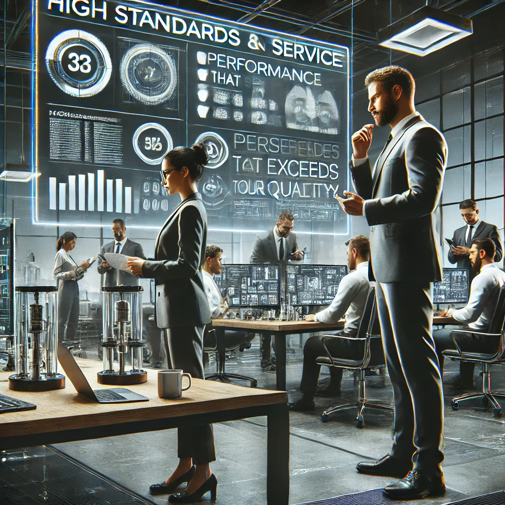 DALL·E 2024-08-12 19.52.17 - A professional image representing high standards in products and services. The image should feature a modern office environment with a team of diverse